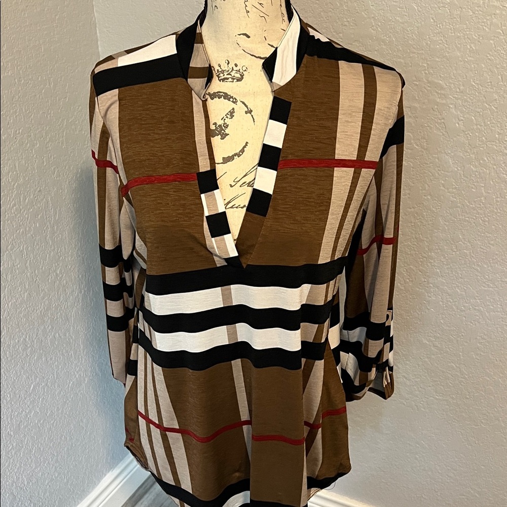 Chic Striped V-Neck Blouse - Brown, Black, and White